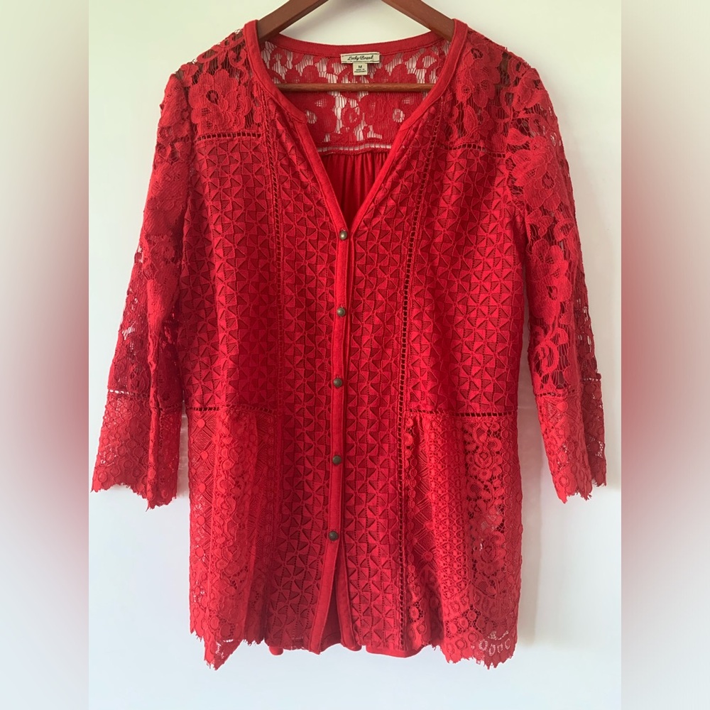 Lucky Brand Lace Button Down 3-4 Sleeves Red Bohemian Style Blouse Sz M